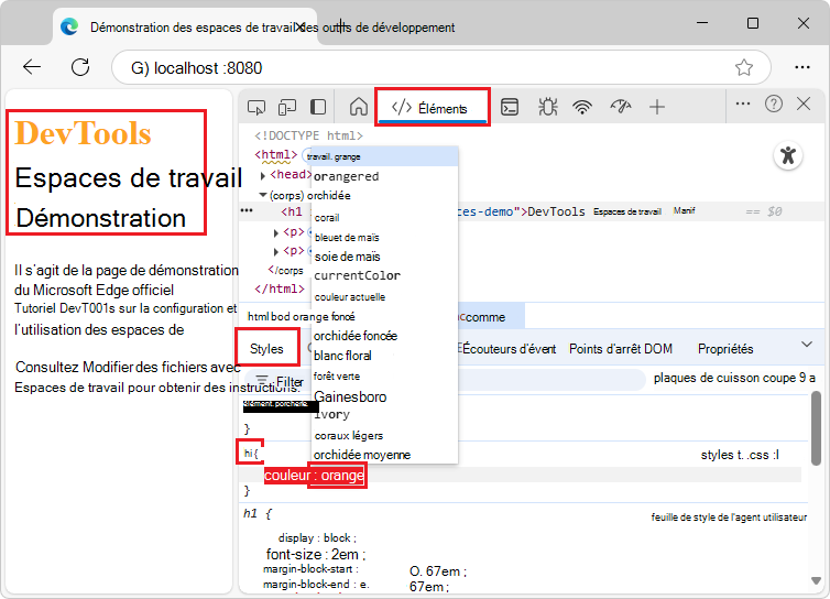 Modification de la propriété color dans styles.css