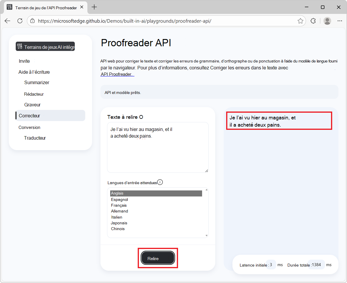 Page de démonstration proofreader, contenant les paramètres et un bouton Proofread