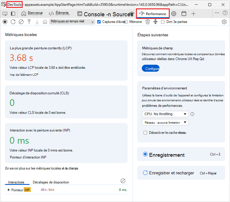 Outil de performances dans Edge DevTools