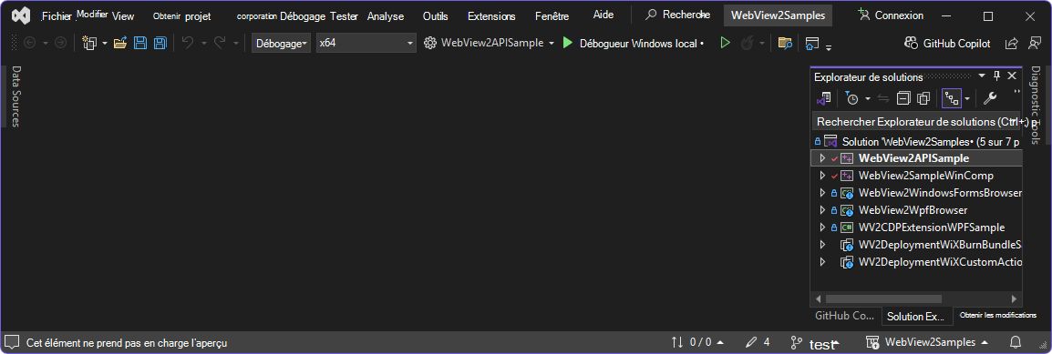 Projet WebView2APISample sélectionné dans Explorateur de solutions