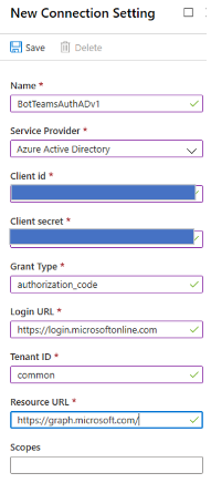 Capture d’écran montrant comment ajouter la connexion d’identité de bot d’authentification de bot Teams adv1.