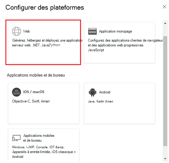 Capture d’écran de la sélection de la plateforme web.