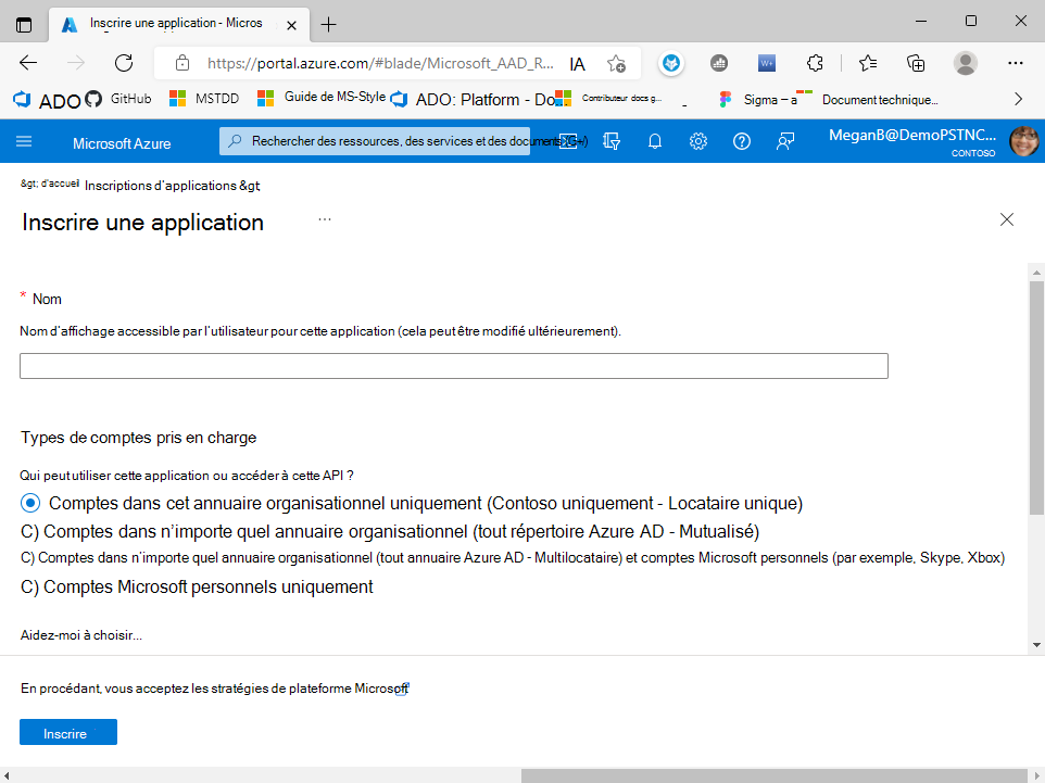 Page d’inscription d’application sur centre d'administration Microsoft Entra.