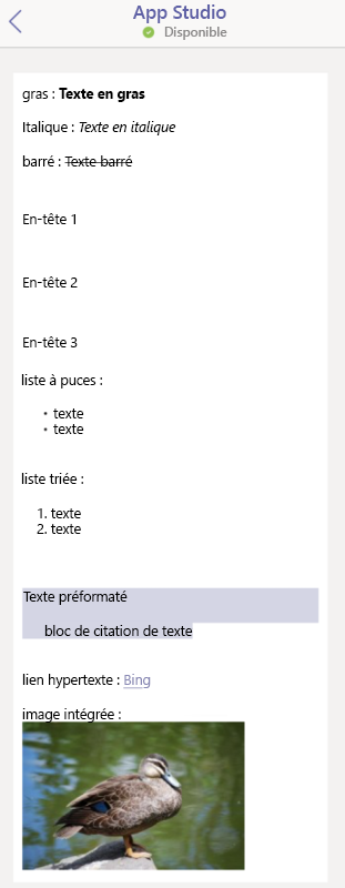 Capture d’écran montrant la mise en forme HTML dans le client iOS.