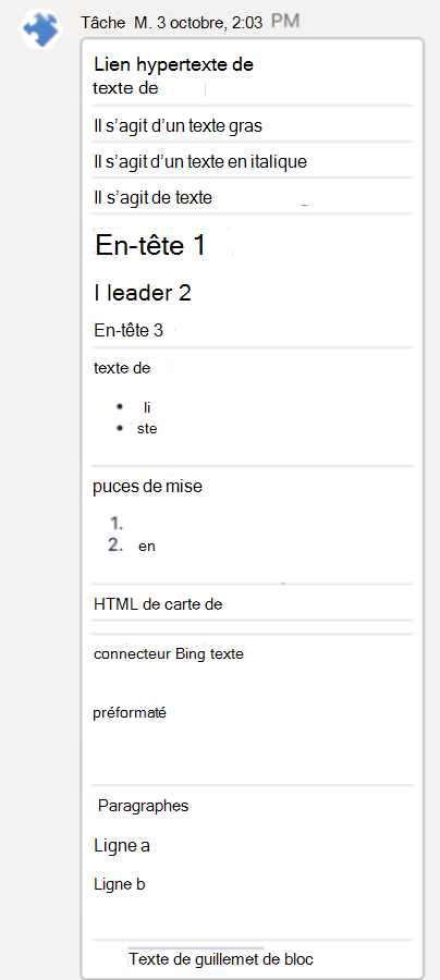 Capture d’écran montrant la mise en forme Markdown pour les cartes de connecteur dans le client iOS Teams.