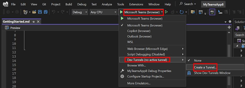 Capture d’écran montrant l’option Créer un tunnel dans Visual Studio.