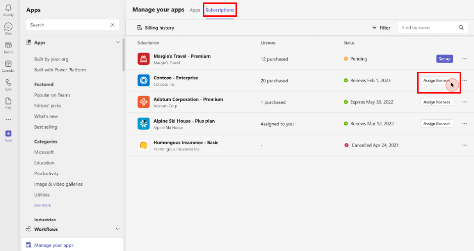 Capture d’écran montrant l’option Attribuer des licences de l’application respective sous l’onglet Abonnement mis en évidence en rouge.