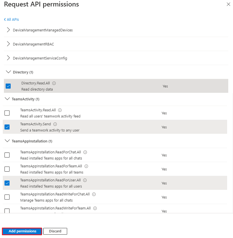 Capture d’écran montrant les différentes autorisations d’API.