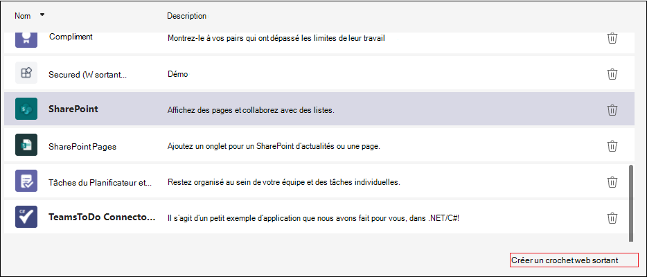 Capture d’écran montrant l’option Create un webhook sortant mis en évidence en rouge.