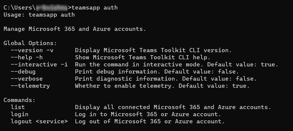 Capture d’écran montrant les commandes d’authentification teamsapp.
