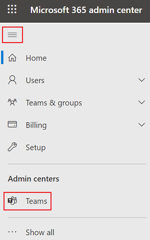Capture d’écran montrant le client Teams dans le volet gauche du Centre d’administration Microsoft 365.