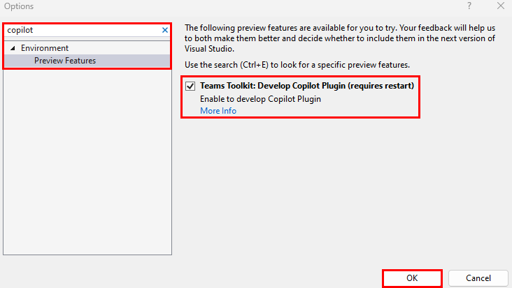 Capture d’écran montrant la sélection du plug-in Copilot à partir de la fonctionnalité en préversion.