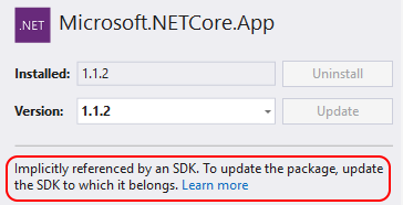 Capture d’écran montrant un package NuGet avec le bouton Mettre à jour désactivé.