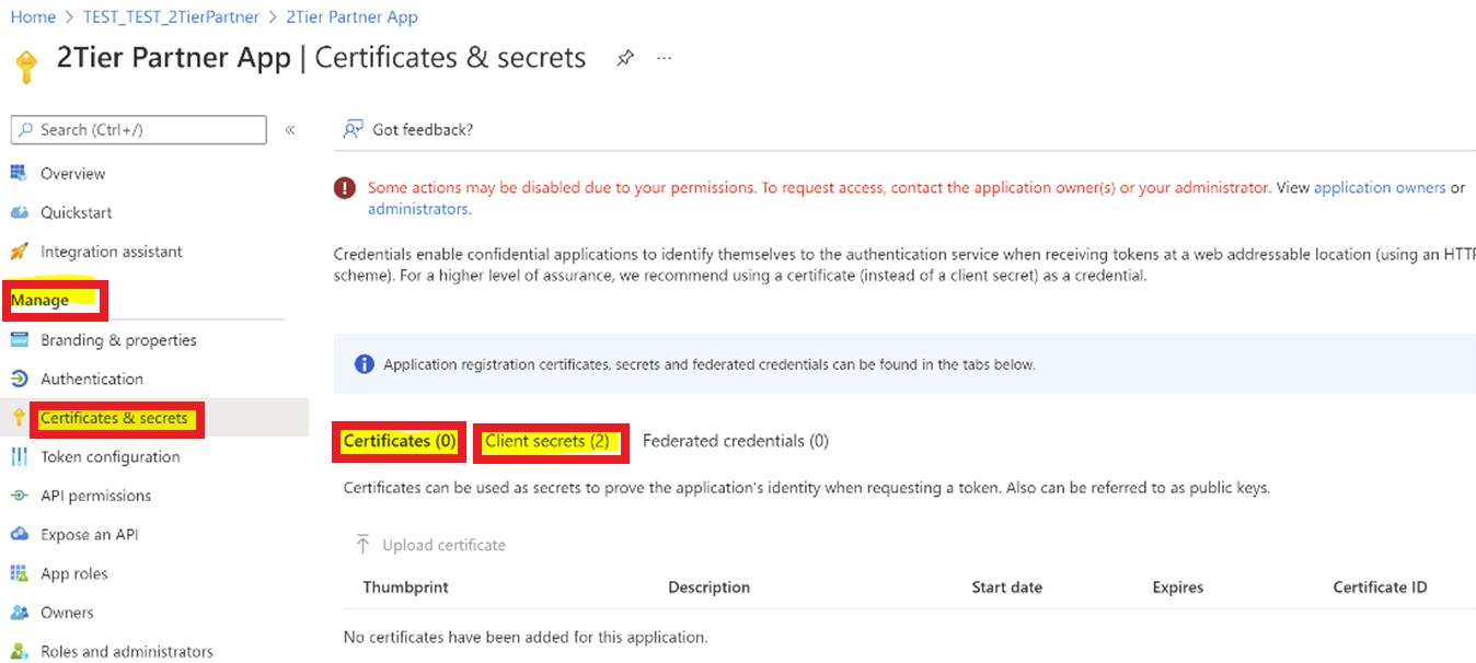 Capture d’écran montrant certificats et secrets.