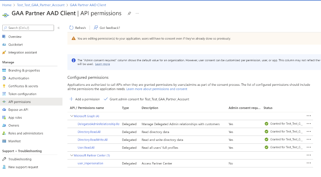 Capture d’écran montrant les autorisations de l’application partenaire A P I.