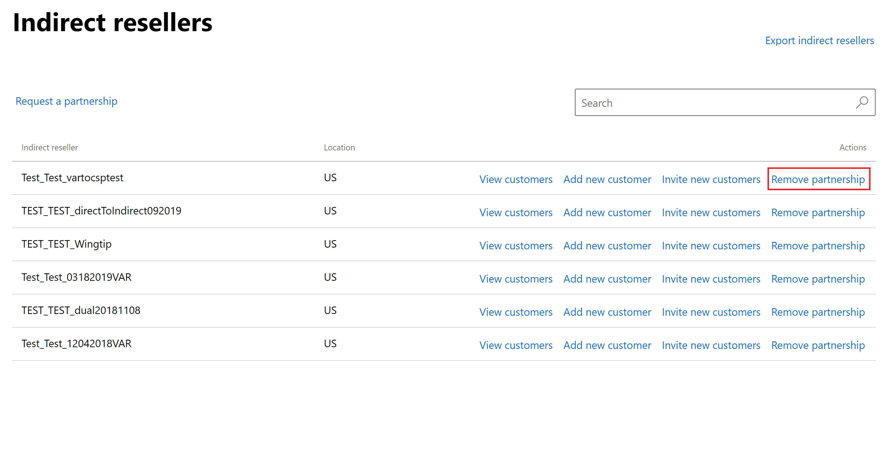 Screenshot that highlights the Remove partnership option on the Indirect resellers page at Partner Center.