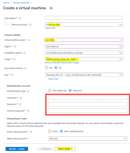 Capture d’écran montrant la page Créer une machine virtuelle avec le bouton « Suivant : Commande des disques » en évidence.