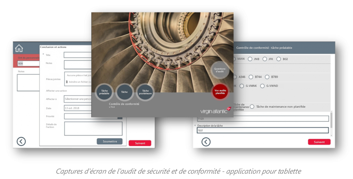 Captures d’écran de l’application d’audit de sécurité et de conformité Virgin Atlantic.