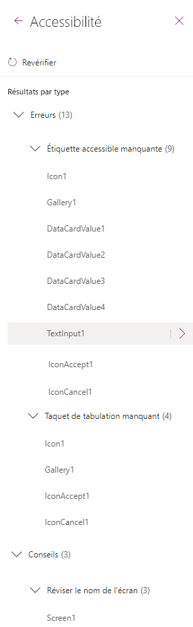 Capture d’écran du volet Vérificateur d’accessibilité dans Power Apps montrant la liste des problèmes d’accessibilité détectés et des liens d’aide.