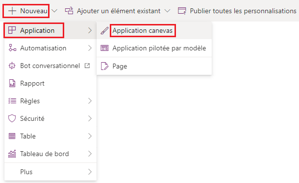 Options pour créer une application dans une solution.