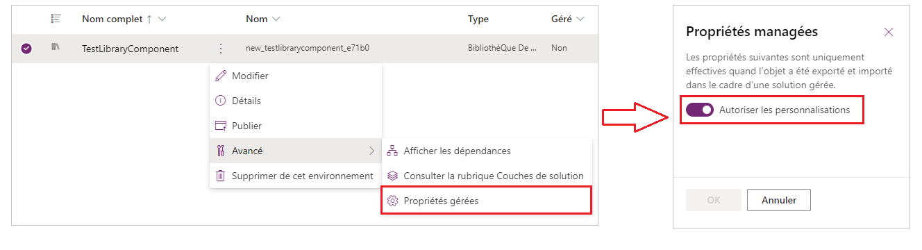 Propriété gérée Allow customizations pour la bibliothèque de composants.