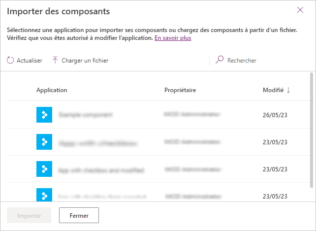 Boîte de dialogue Importer des composants.