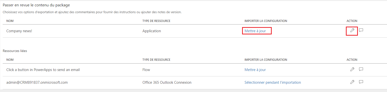 Action Configurer le contenu du package.