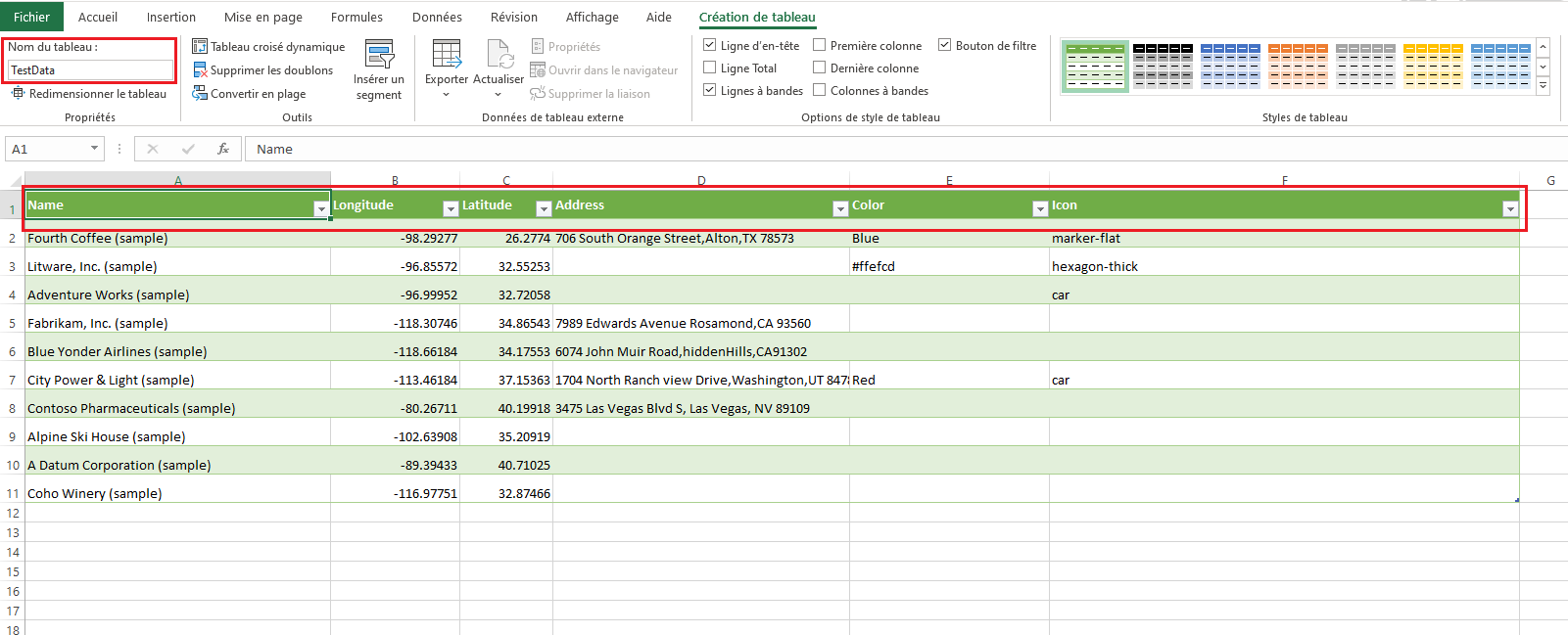 Exemple de fichier Excel avec une table nommée TestData et contenant les colonnes Nom, Longitude et Latitude