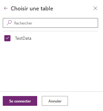 Capture d’écran du volet de sélection de table.