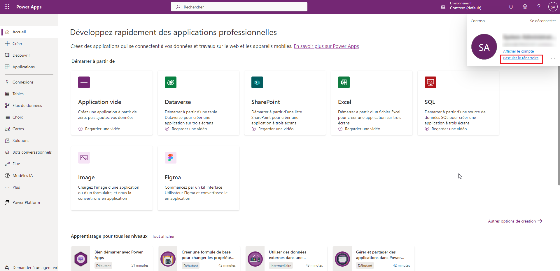 Créateur Azure B2B - option de changement de répertoire.