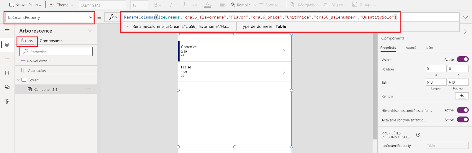 Application utilisant un composant qui utilise le mappage de propriété d’entrée personnalisé avec les colonnes correctes à l’aide de la fonction RenameColumns.