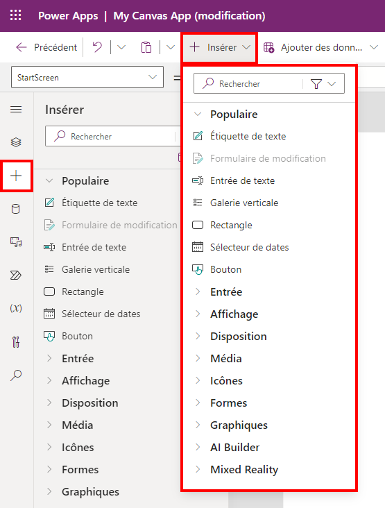 Capture d’écran montrant où se trouvent les deux contrôles d’insertion. L’un se trouve dans la barre de commandes et l’autre (signe plus) se trouve dans le menu de navigation.