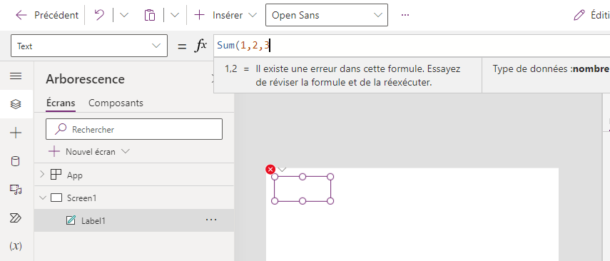 Utilisation de « Étiquette »: une saisie partielle de la fonction sans parenthèse fermante affiche des erreurs.