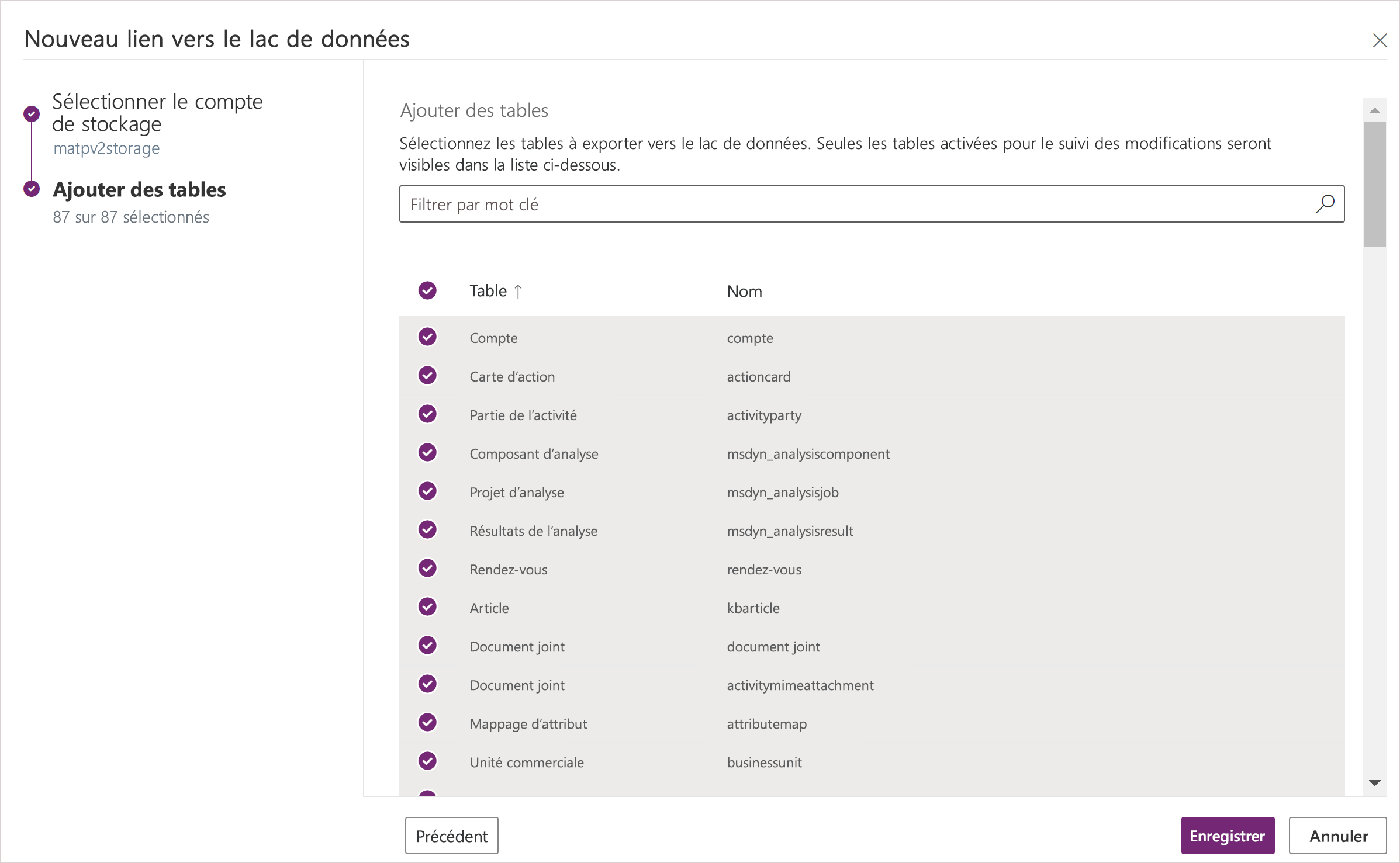 Sélectionner les tables pour l’exportation.