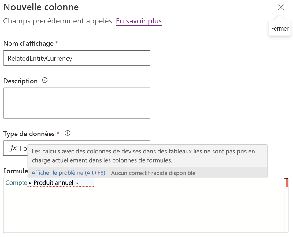 Colonne de formule avec la formule de compte non prise en charge Account.Annual Revenue