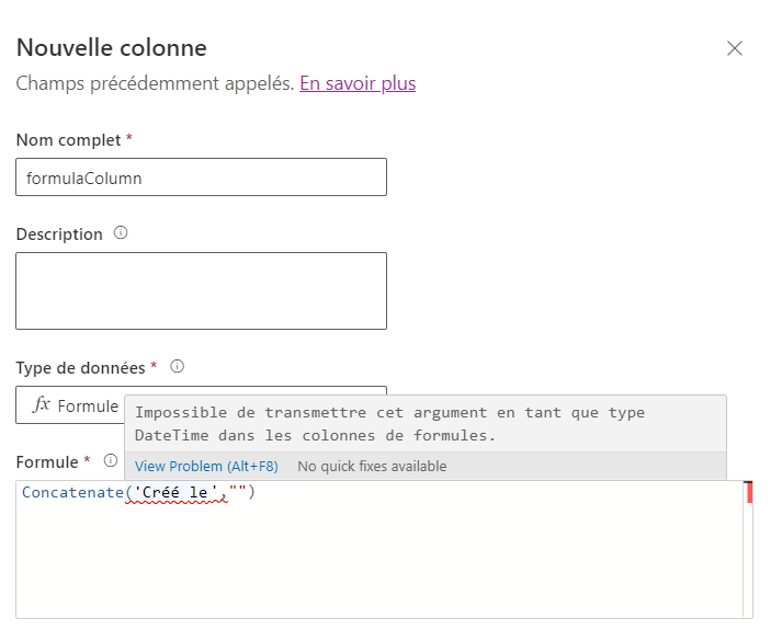 Colonne de formule avec un paramètre date/heure non pris en charge transmis dans la formule
