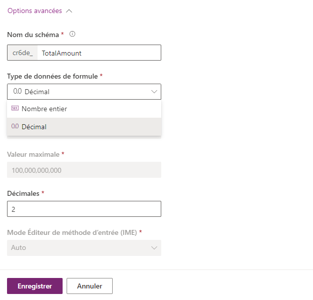 Capture d’écran d’une définition de colonne de formule décimale.