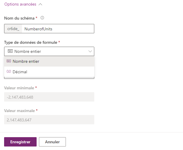 Capture d’écran d’une définition de colonne de formule de nombre entier utilisant «&nbsp;Prix total&nbsp;» / «&nbsp;Prix unitaire&nbsp;».