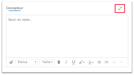 Capture d’écran de l’éditeur de texte enrichi, avec le contrôle d’extension du mode plein écran mis en surbrillance.