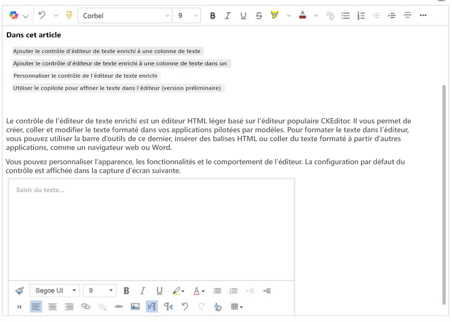 Capture d’écran de l’éditeur de texte enrichi par défaut dans une application pilotée par modèle.