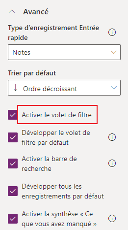 Configuration du volet de filtre