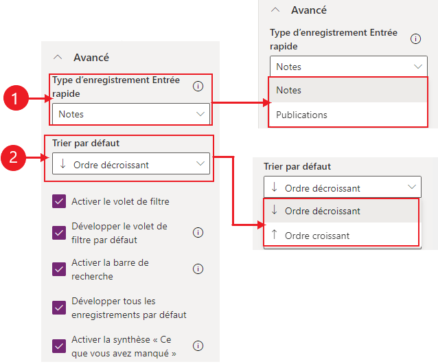 Configuration du type d’enregistrement à saisie rapide et de l’ordre de tri par défaut