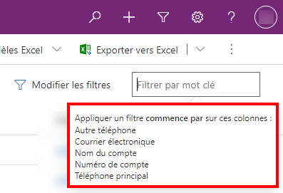 Info-bulle d’information qui indique la liste des colonnes sur lesquelles une correspondance «&nbsp;Commence par&nbsp;» est appliquée.