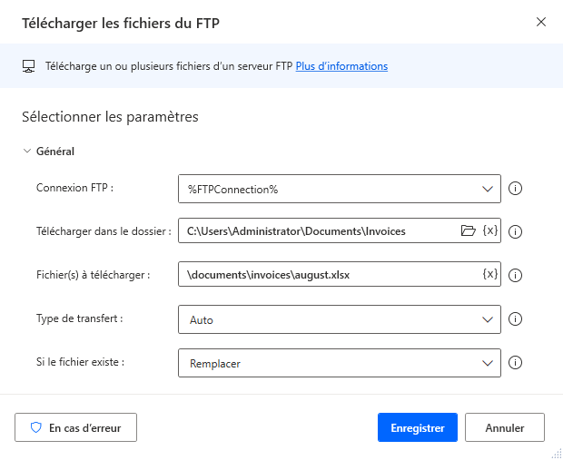 Capture d’écran de l’action Télécharger des fichiers depuis FTP.
