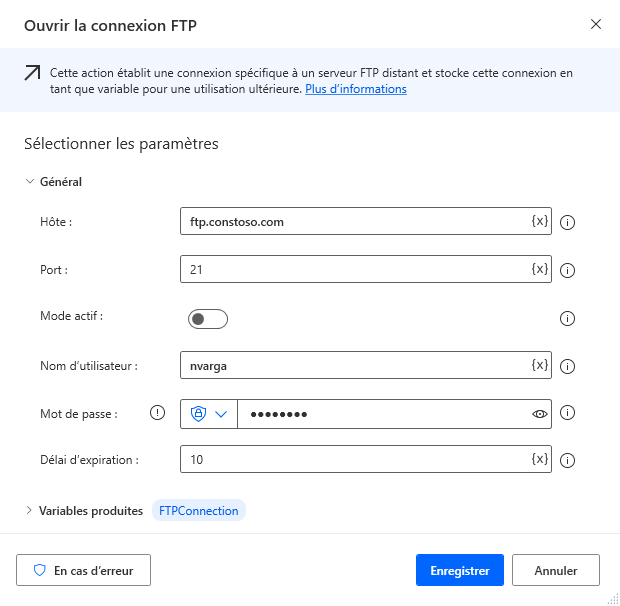 Capture d’écran de l’action Ouvrir une connexion FTP.