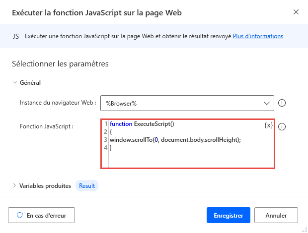 Capture d’écran de la fonction Exécuter Javascript sur une page Web avec la propriété scrollHeight.