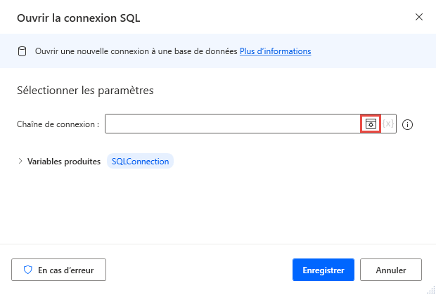 Capture d’écran de l’action Ouvrir une connexion SQL.
