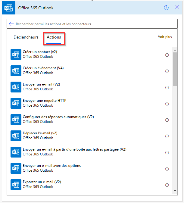 Capture d’écran d’une liste partielle des actions Office 365 Outlook.