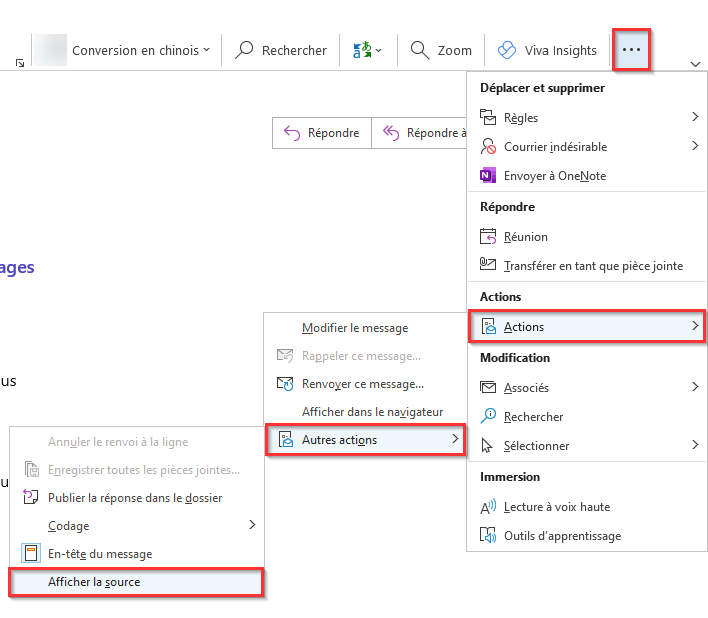 Capture d’écran qui montre les étapes pour afficher le menu « Autres actions » dans Outlook.