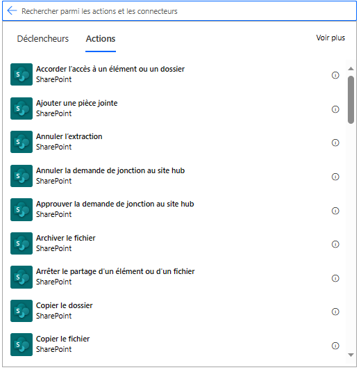 Capture d’écran montrant quelques actions SharePoint, telles que « Ajouter une pièce jointe » et « Archiver le fichier ».